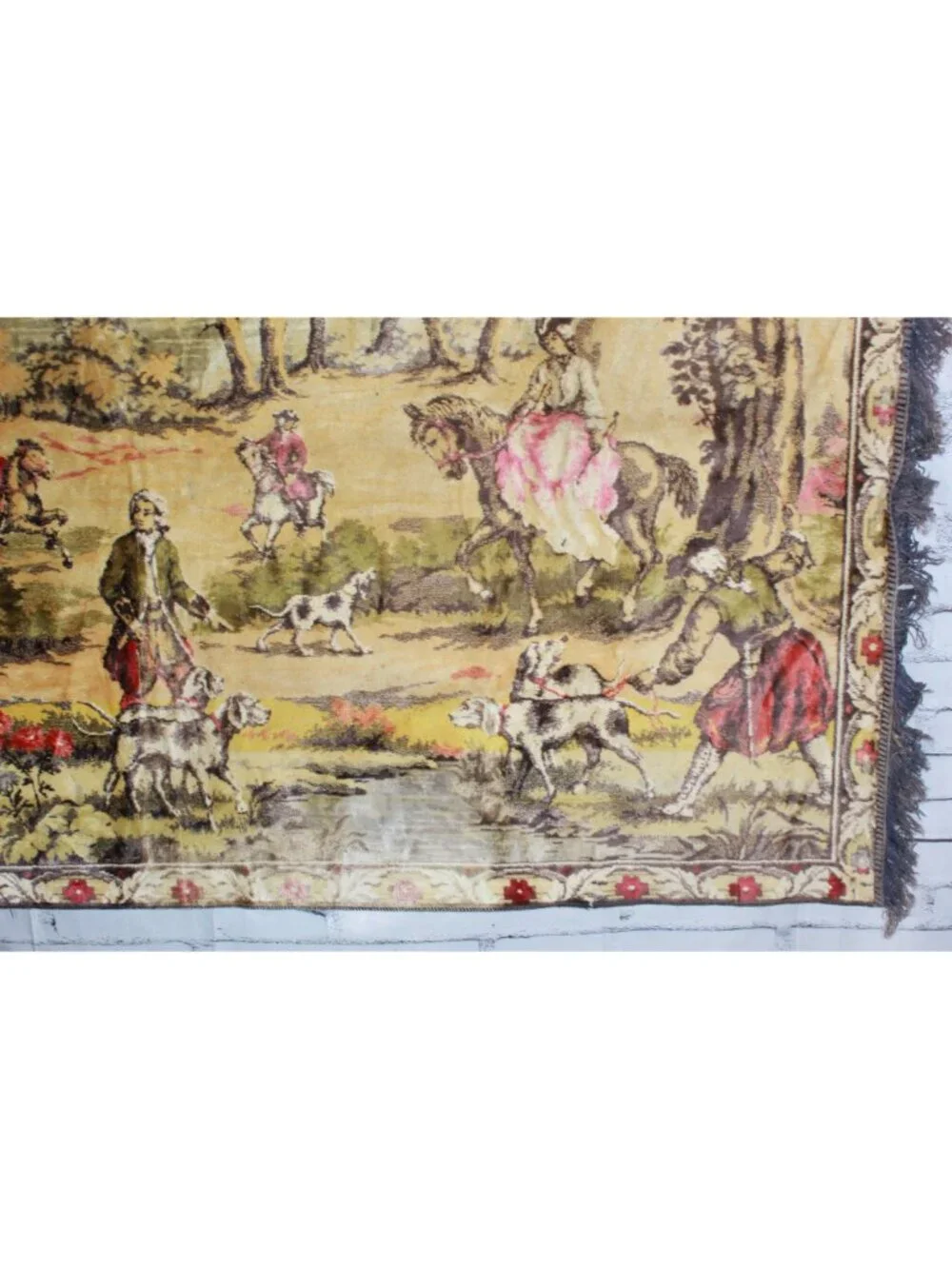 Vintage French Hunting Scene Tapestry Wall Hanging Blanket Fringe Decor 50x72